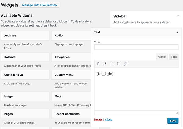How to set Widget for Frontend Dashboard WordPress plugin